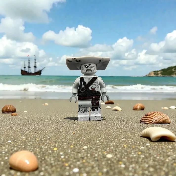 Hammerhead Pirate Minifig from B3 Customs featuring a detailed pirate with hammerhead shark head and classic pirate attire.