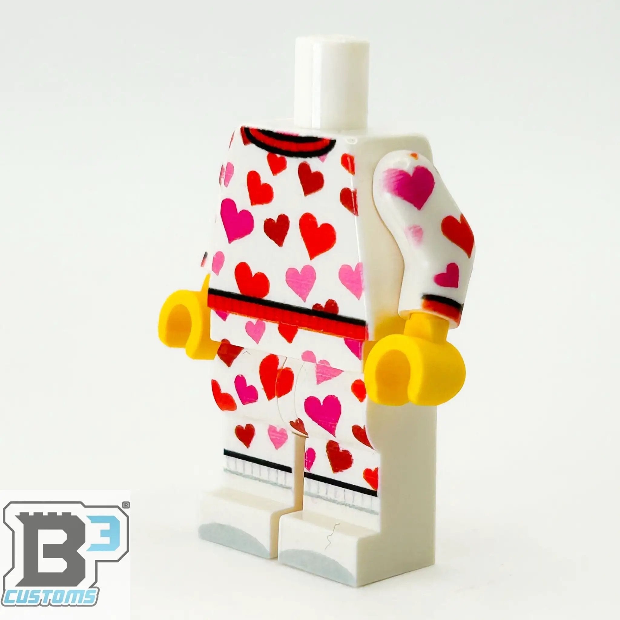LEGO minifigure body featuring hearts for Valentine's Day pajamas by B3 Customs, detailed LEGO brick design with heart patterns.