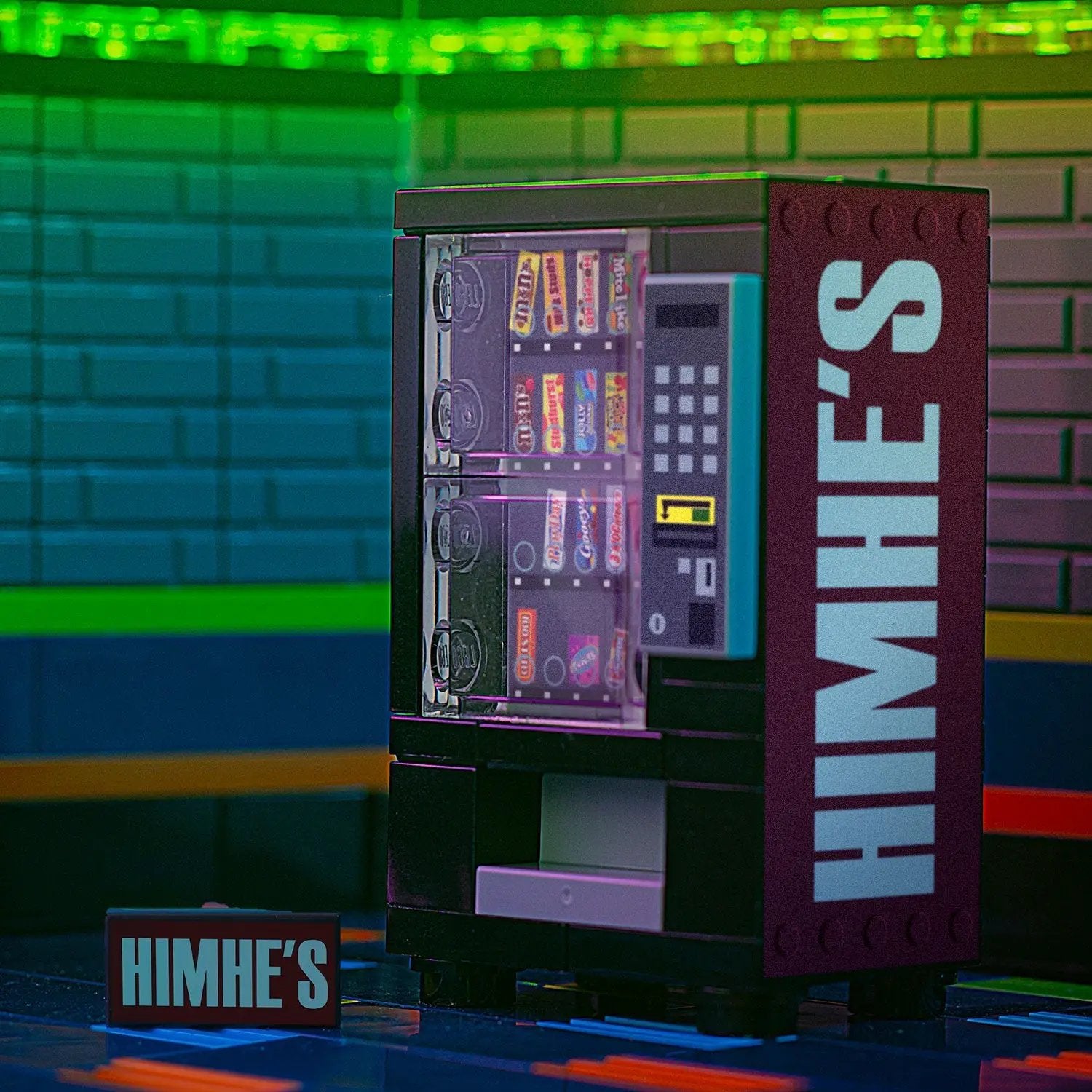 HimHe's B3 Customs Candy Vending Machine made with LEGO parts, featuring colorful LEGO bricks and detailed vending machine design