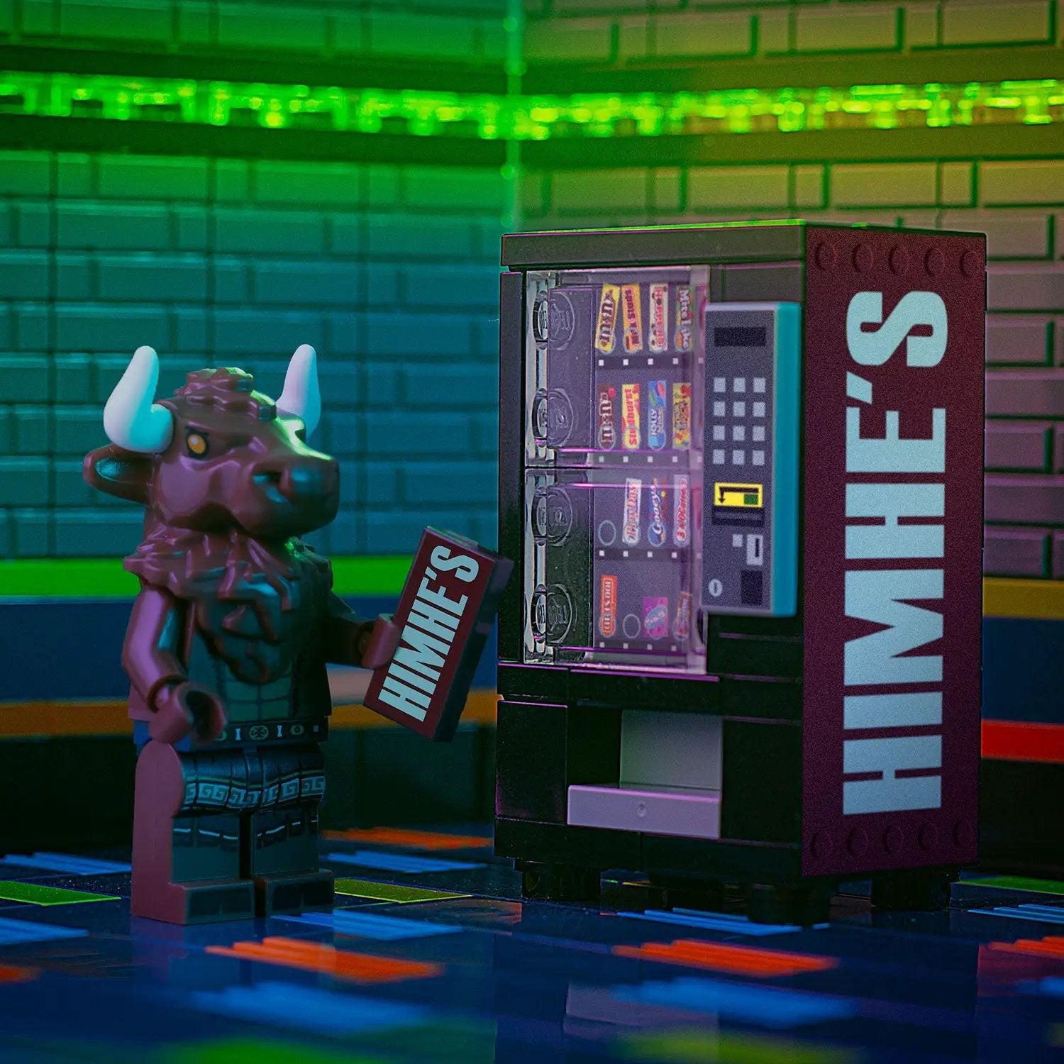 HimHe's B3 Customs Candy Vending Machine made with LEGO bricks, detailed miniature vending machine with colorful candy design.
