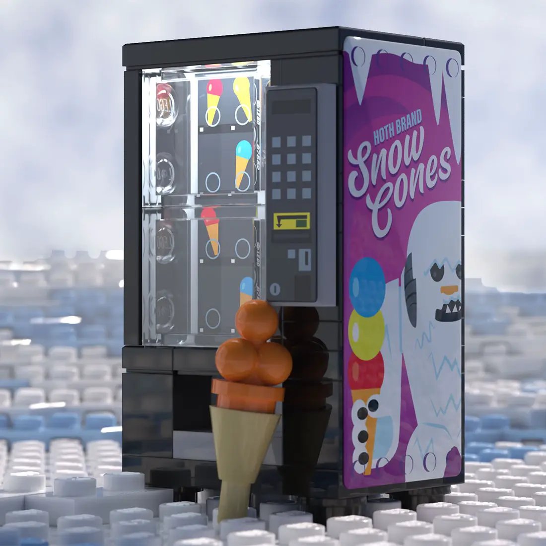 Custom LEGO Star Wars Hoth Snowcones vending machine building set by B3 Customs featuring detailed minifigure and snowy scene elements.