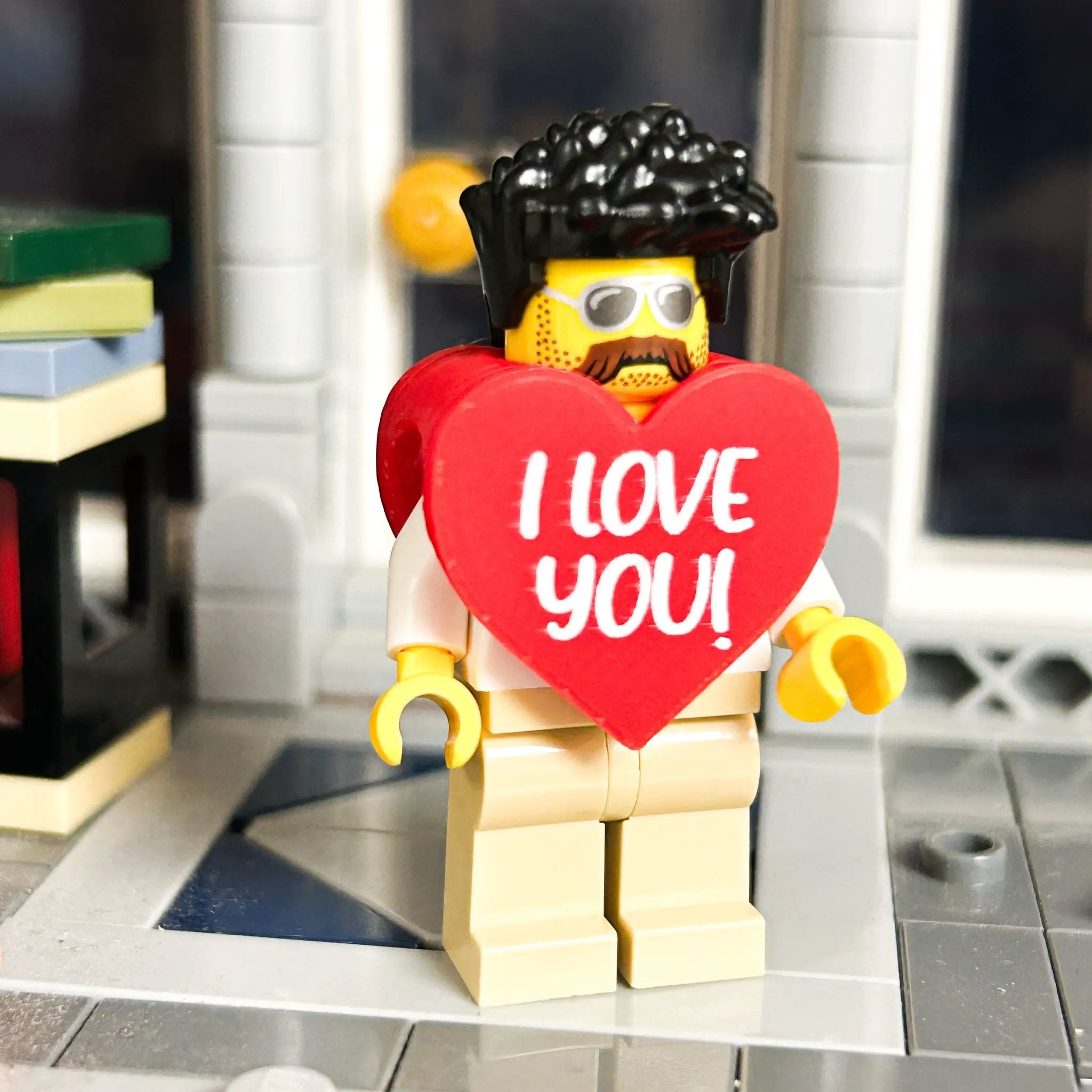 3D printed "I Love You" Heart Minifig costume part by B3 Customs, featuring vibrant red heart design on a LEGO-compatible piece.