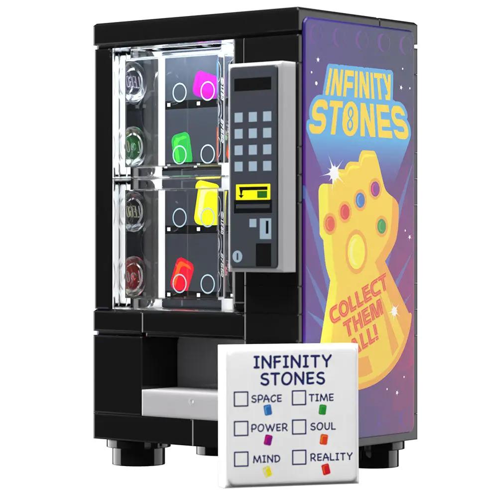 Custom LEGO Infinity Stones vending machine building set by B3 Customs, featuring detailed brick construction and vibrant stone designs.