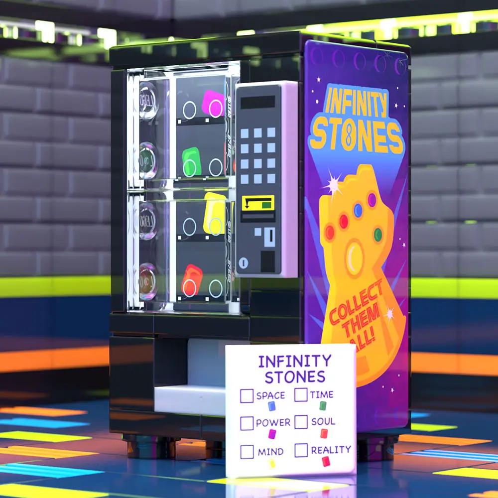 Custom LEGO Infinity Stones vending machine building set by B3 Customs, featuring detailed LEGO construction and vibrant stone designs.