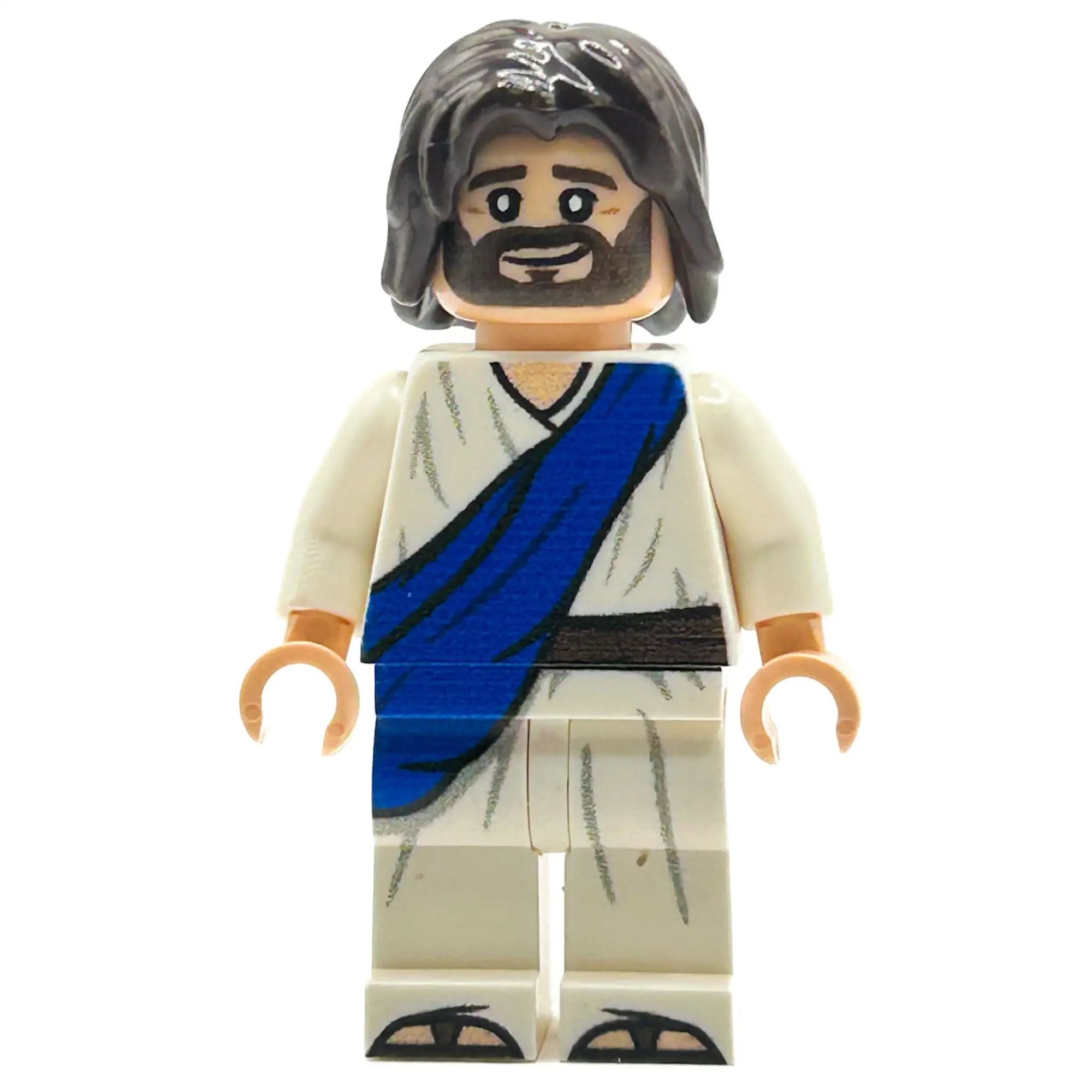 Custom LEGO Jesus minifigure with a blue sash, detailed B3 Customs figure featuring a religious-themed design and facial expression.