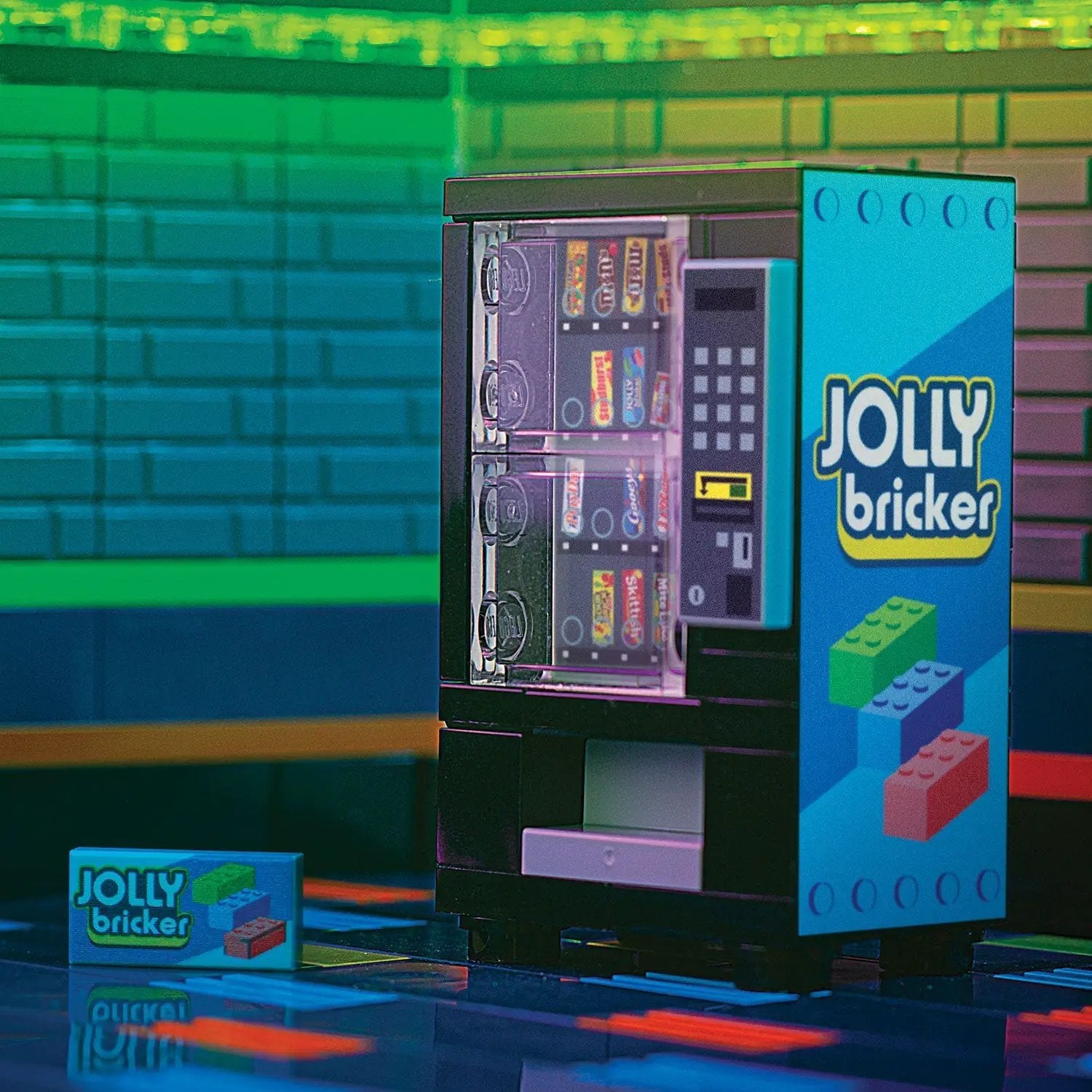 Lego Jolly Bricker Candy Vending Machine by B3 Customs, detailed LEGO brick model with colorful candy design.