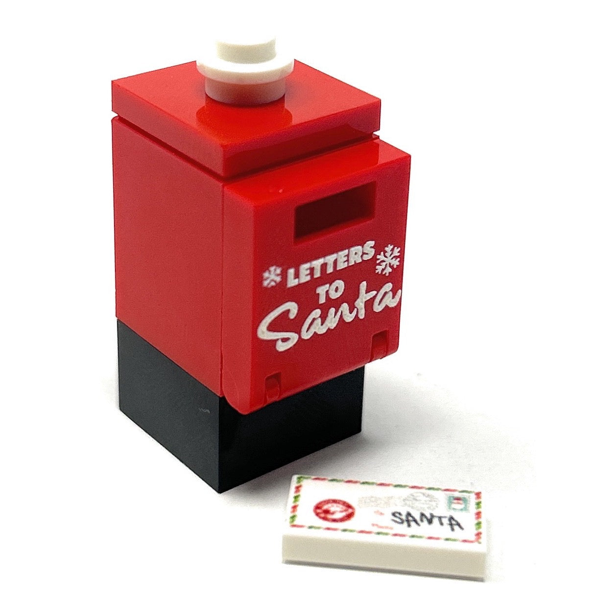LEGO Santa mailbox with envelope from B3 Customs, featuring a detailed red and white LEGO-built letter delivery scene.