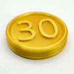 Life-size 30¢ coin prop from B3 Customs for cosplay, detailed metallic finish and realistic size on a plain background.