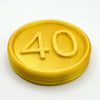 Life-size 40¢ coin prop for cosplay by B3 Customs, showing realistic design and metallic finish on a neutral background.
