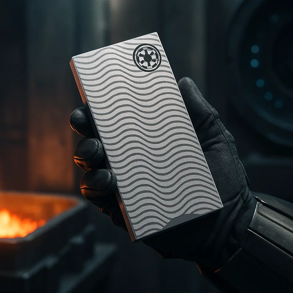 Life-size Beskar tile from B3 Customs cosplay, showing metallic finish and detailed design on a flat surface.