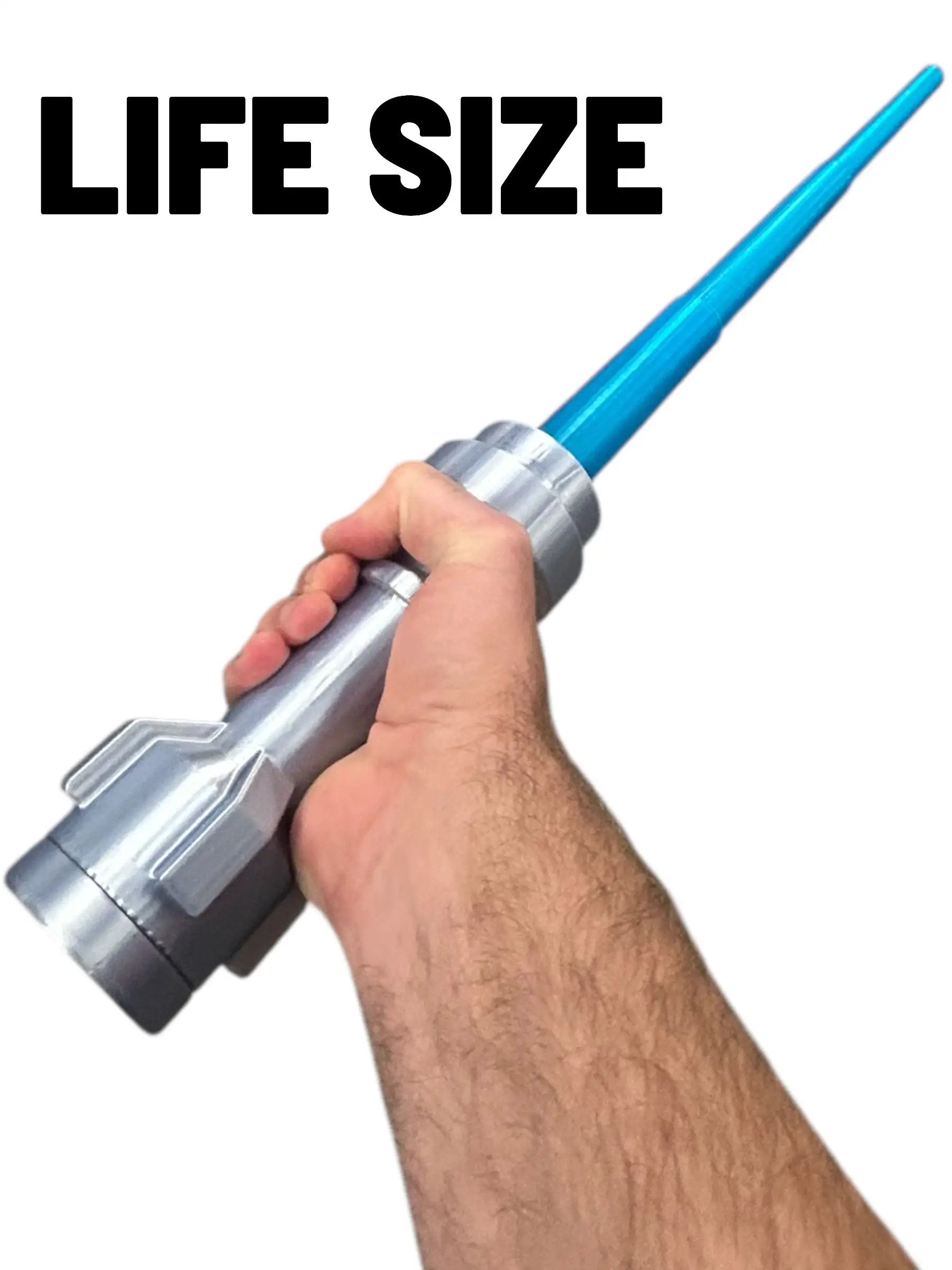 Life-size blue cosplay saber with retractable blue blade by B3 Customs, featuring detailed handle and vibrant blue color.