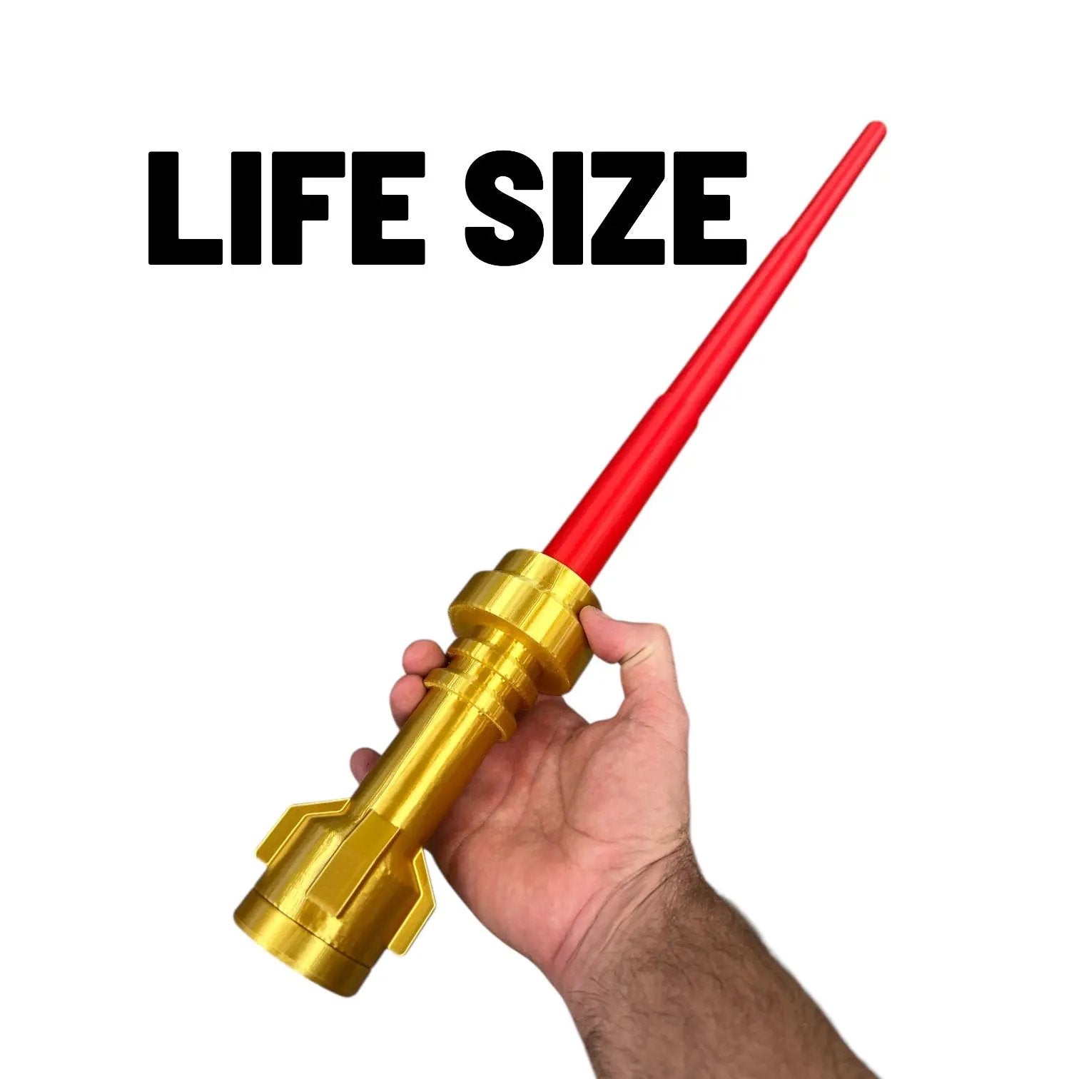 Life-size B3 Customs Emperor-Style Brick Blade in gold finish with retractable red blade, detailed replica for display or cosplay.