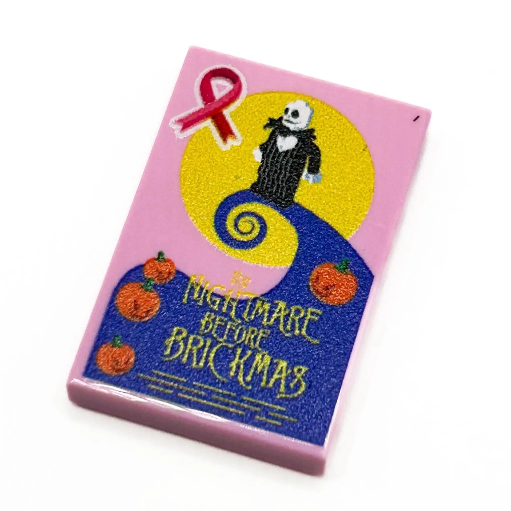 Pink "Break Cancer Awareness" The Nightmare Before Brickmas movie cover 2x3 tile by B3 Customs, featuring vibrant artwork and detailed design.