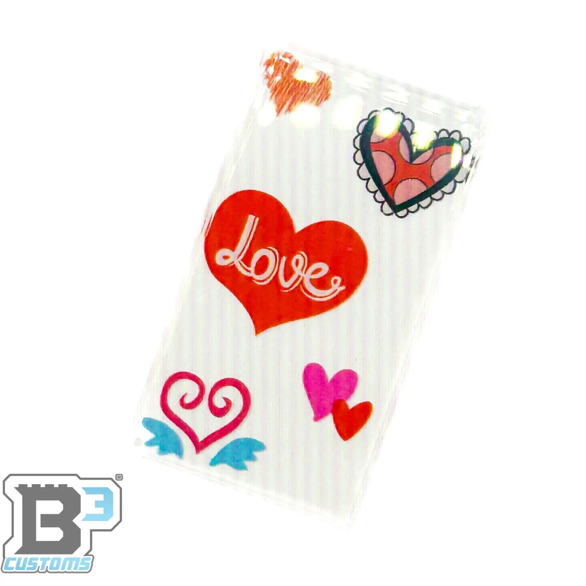 Love Hearts Valentine's Day glass window made with LEGO parts by B3 Customs, featuring colorful heart designs and intricate LEGO craftsmanship.