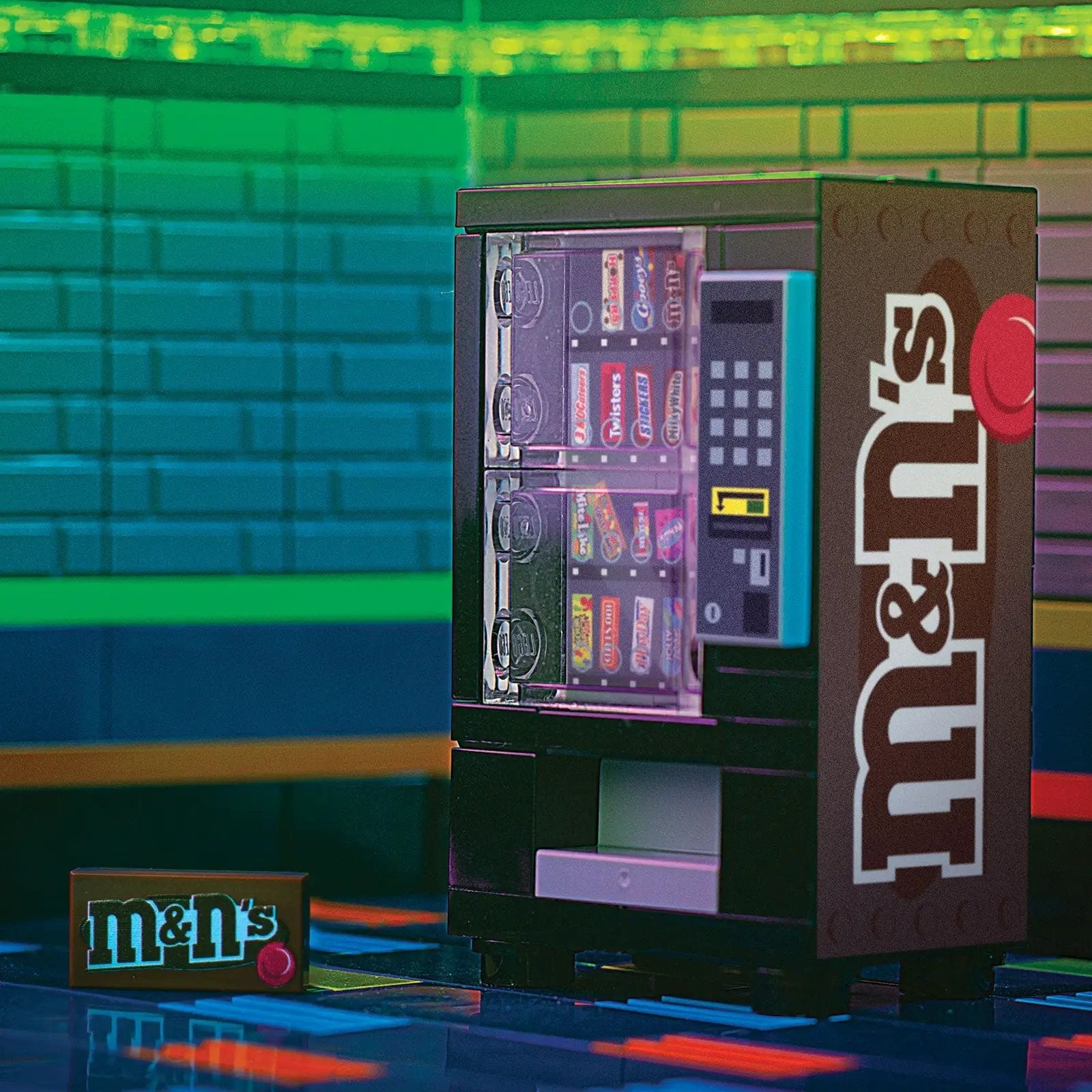 B3 Customs Candy Vending Machine in Lego M&Ns (Plain) style, detailed miniature vending machine with colorful candy slots.