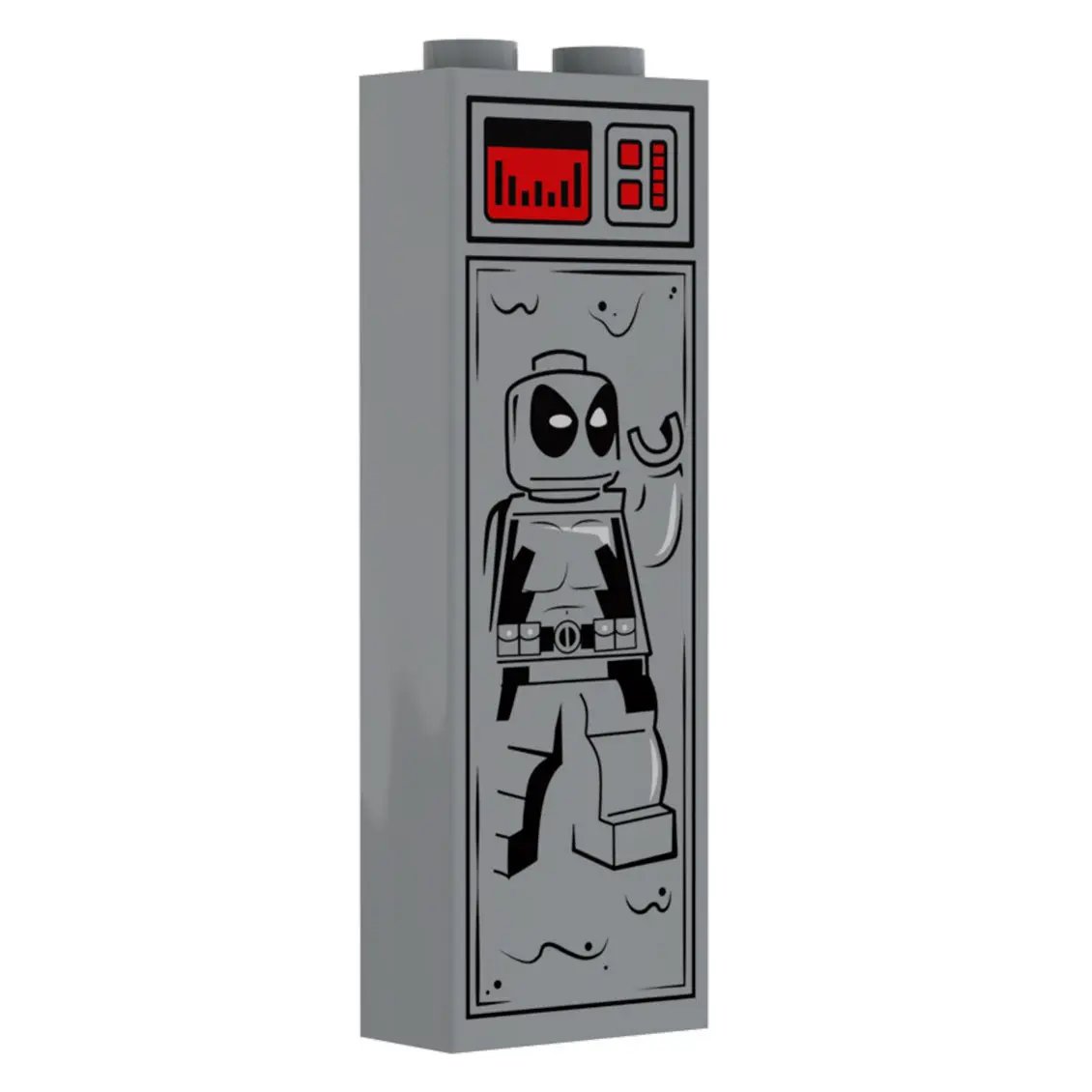 LEGO Deadpool mercenary in carbonite brick made with B3 Customs custom LEGO parts, featuring detailed minifigure design.