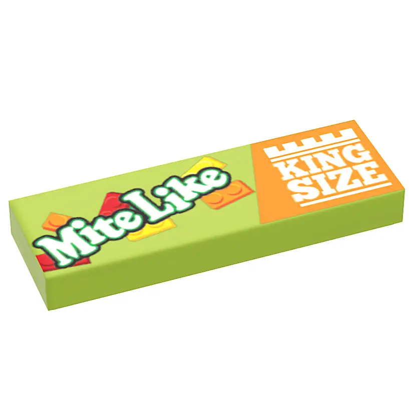 King Size Mite Like Candy LEGO tile by B3 Customs, printed 1x3 LEGO brick with detailed design on white background.