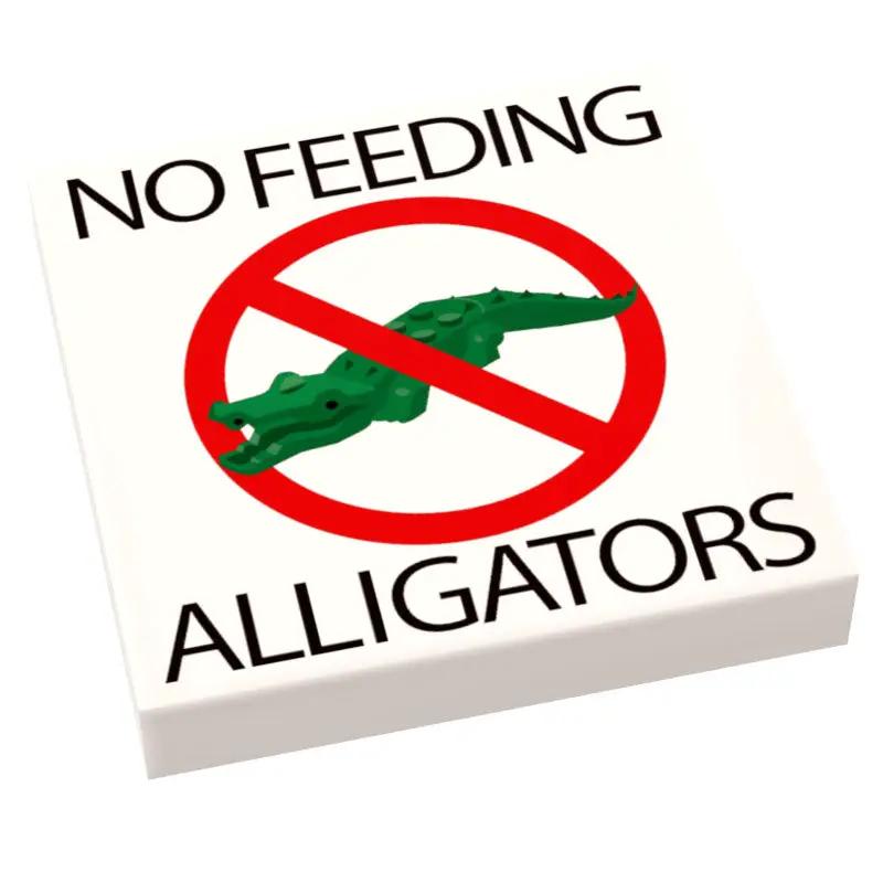 LEGO-built No Feeding Alligators sign on 2x2 tile by B3 Customs, featuring colorful alligator and warning message.