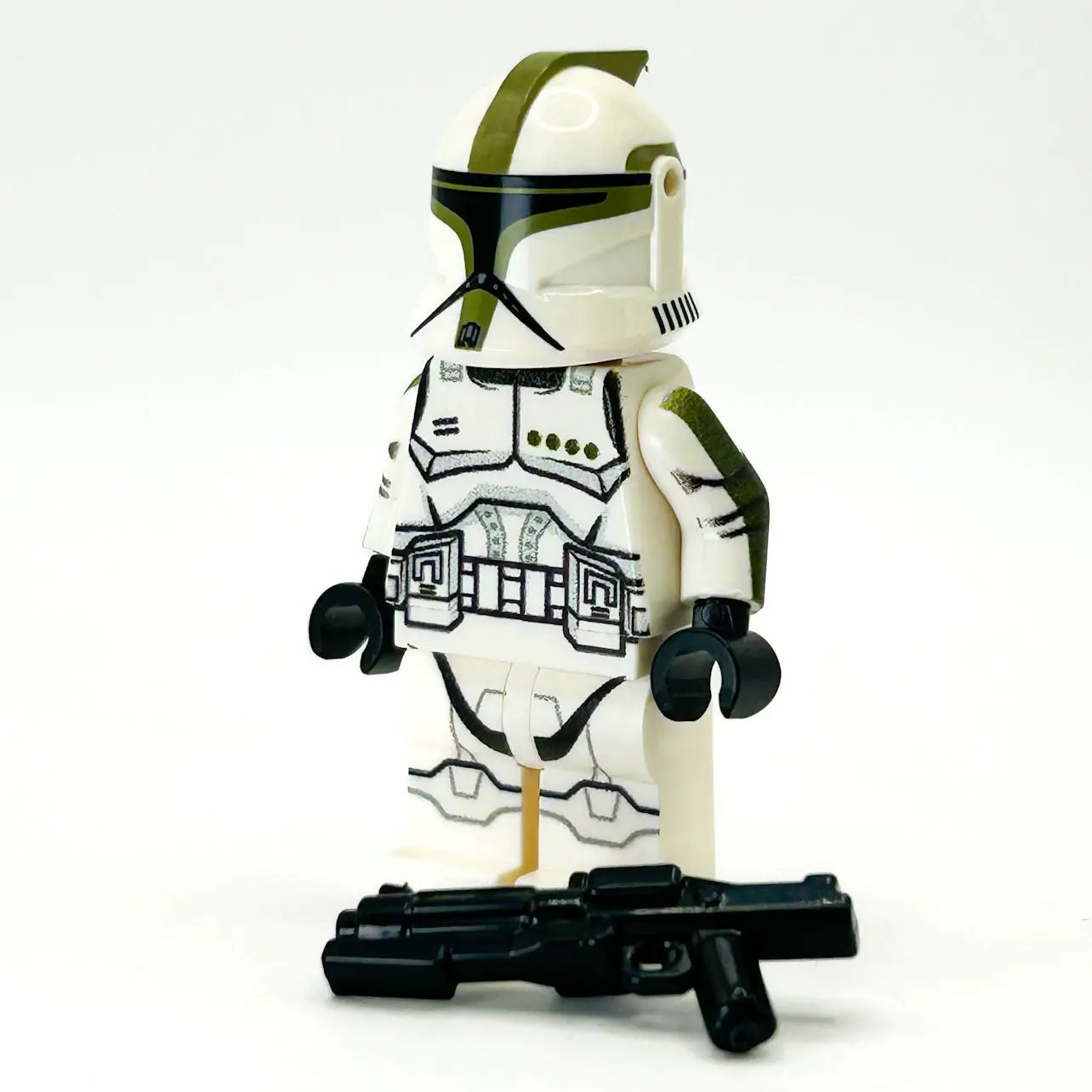 Olive Clone Trooper minifig from B3 Customs featuring detailed olive-green armor and helmet, front view, on white background.