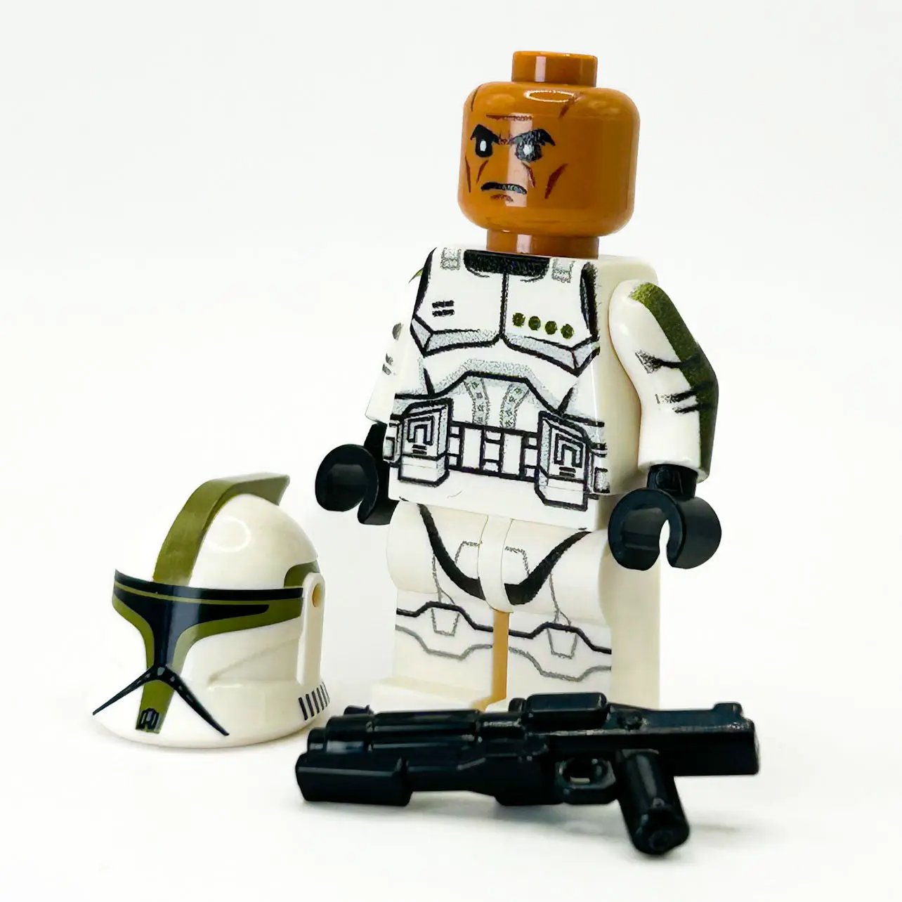 Olive Clone Trooper minifigure from B3 Customs featuring detailed olive green armor and helmet, front view.