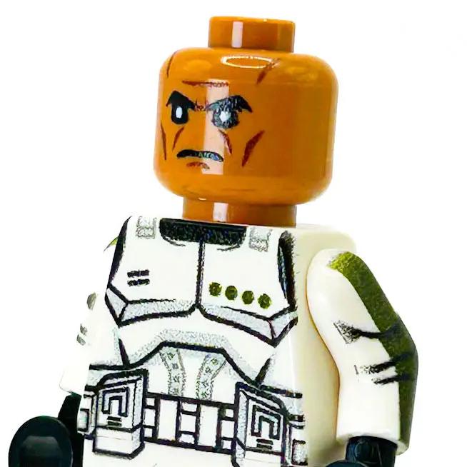 Olive Clone Trooper minifigure from B3 Customs, detailed P1 LEGO-style soldier with olive green armor and helmet.