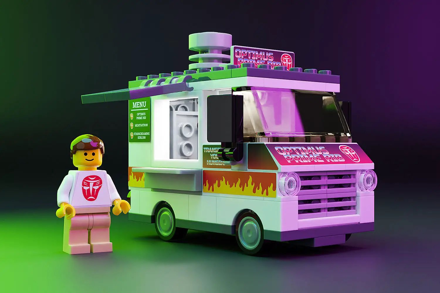 Optimus Prime ribs food truck by B3 Customs with mini-figure, detailed model featuring vibrant colors and truck design.