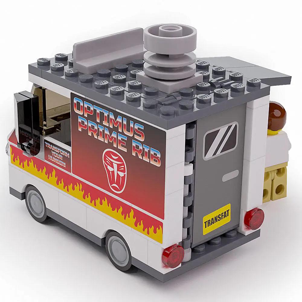 Optimus Prime Ribs food truck by B3 Customs with a detailed minifigure, featuring vibrant colors and intricate design.