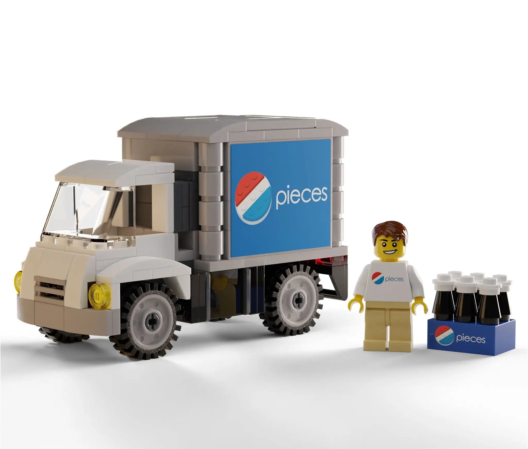 Custom LEGO Pepsi delivery truck with B3 Customs minifig and Pieces Soda branding, detailed LEGO brick construction.