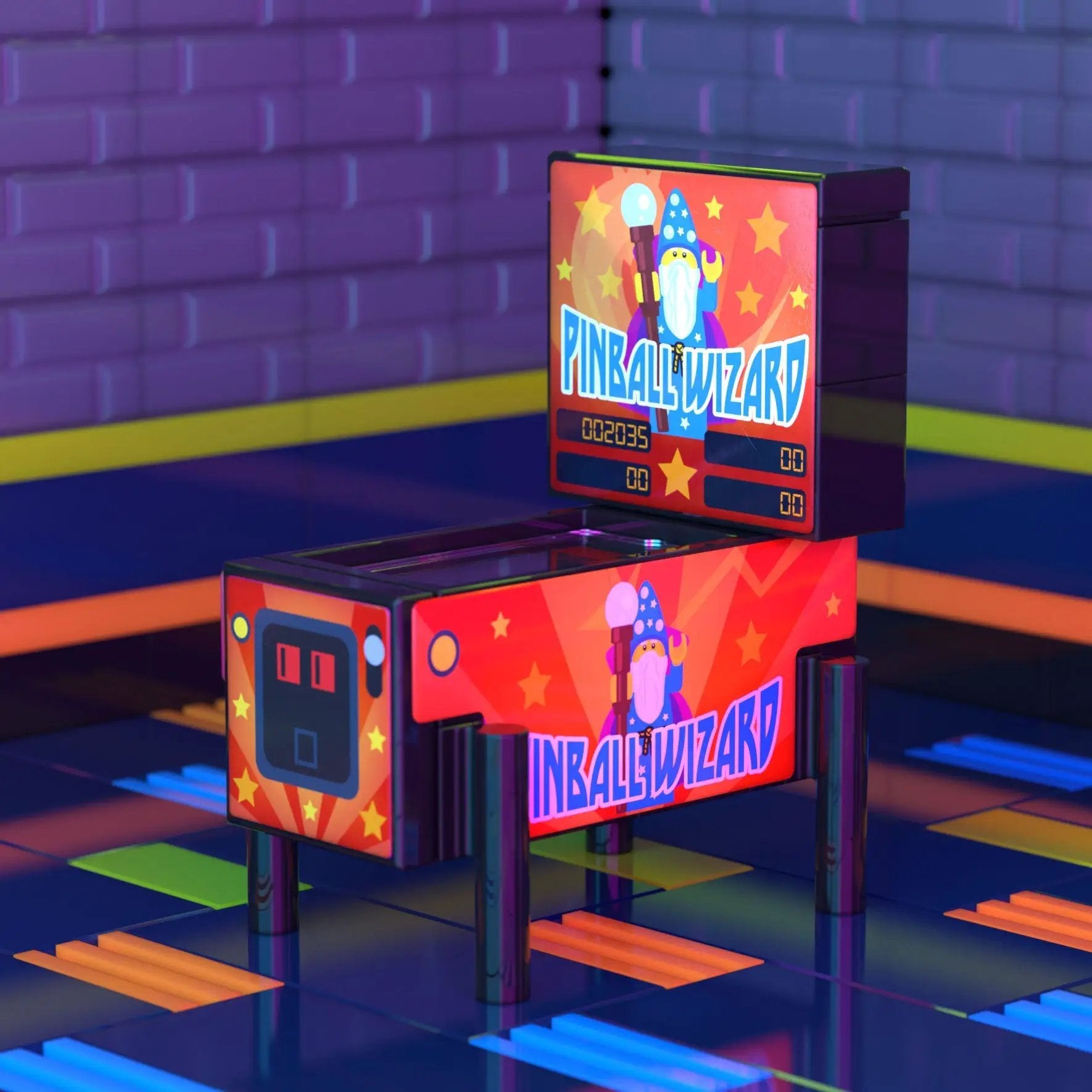 LEGO building set featuring B3 Customs Pinball Wizard arcade machine with detailed pinball game design and colorful LEGO parts.