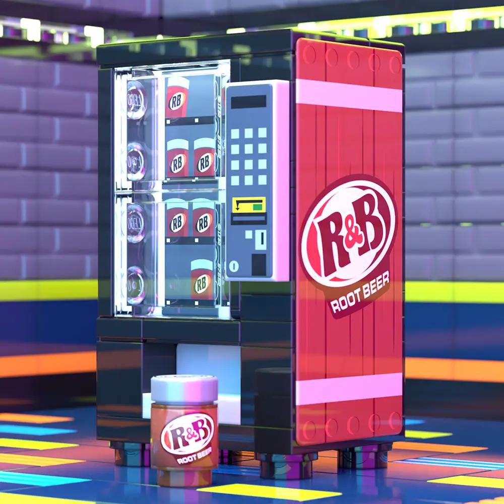 Lego-style minifig vending machine for R & B Root Beer, designed by B3 Customs, featuring colorful soda branding and detailed construction.