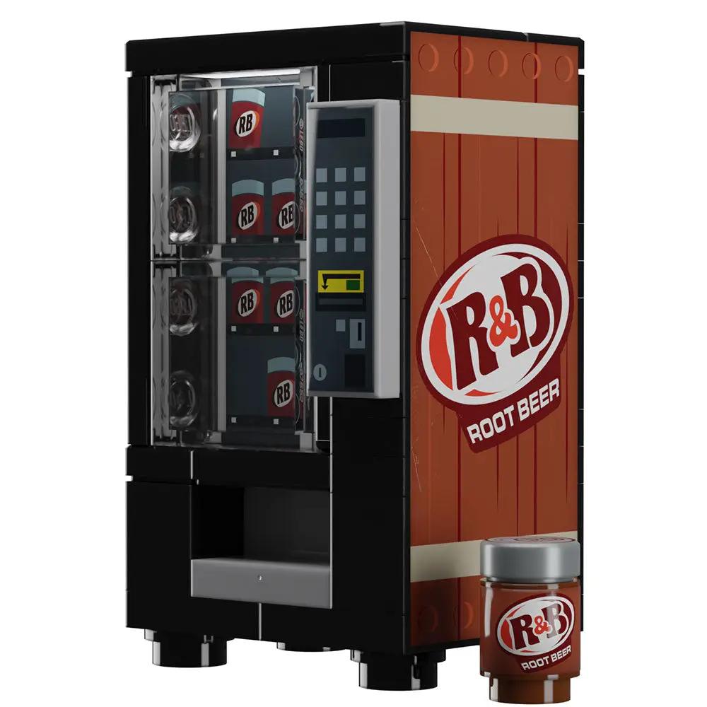 Custom LEGO root beer vending machine by B3 Customs featuring a mini root beer soda figure on a city background.
