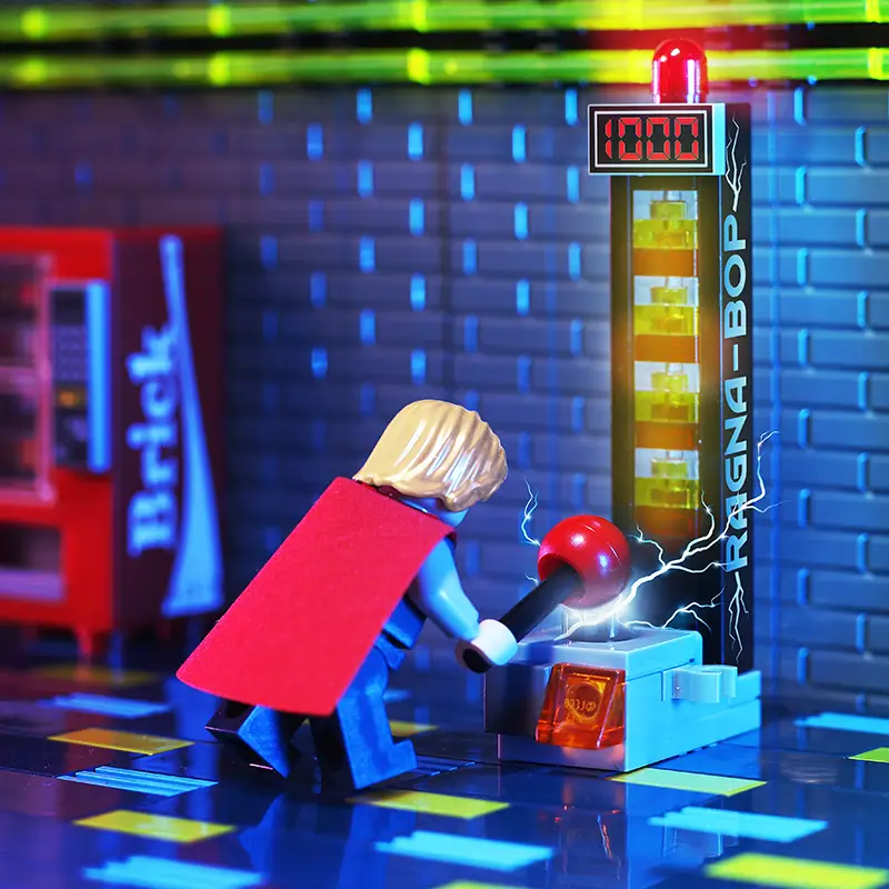 B3 Customs Ragna-Bop strongman amusement park game with a hammer and colorful game setup against a bright background