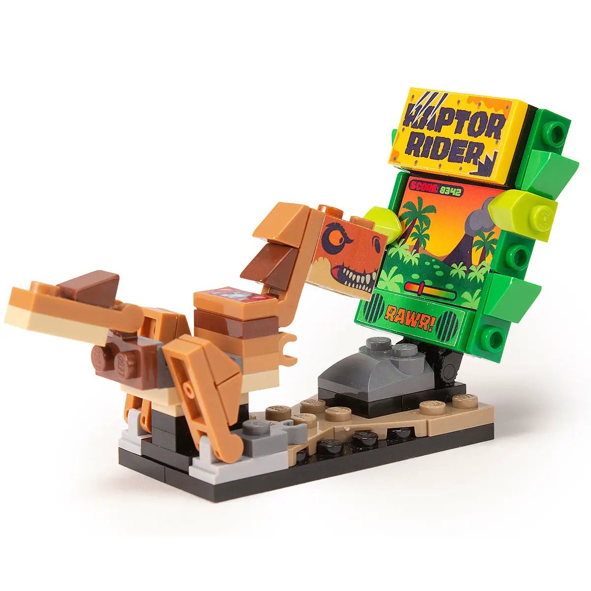 LEGO Raptor Rider arcade game by B3 Customs featuring a detailed dinosaur and arcade cabinet made with LEGO bricks.