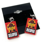 Red brick Redemption video gaming earrings made from LEGO parts by B3 Customs, featuring detailed LEGO brick design.