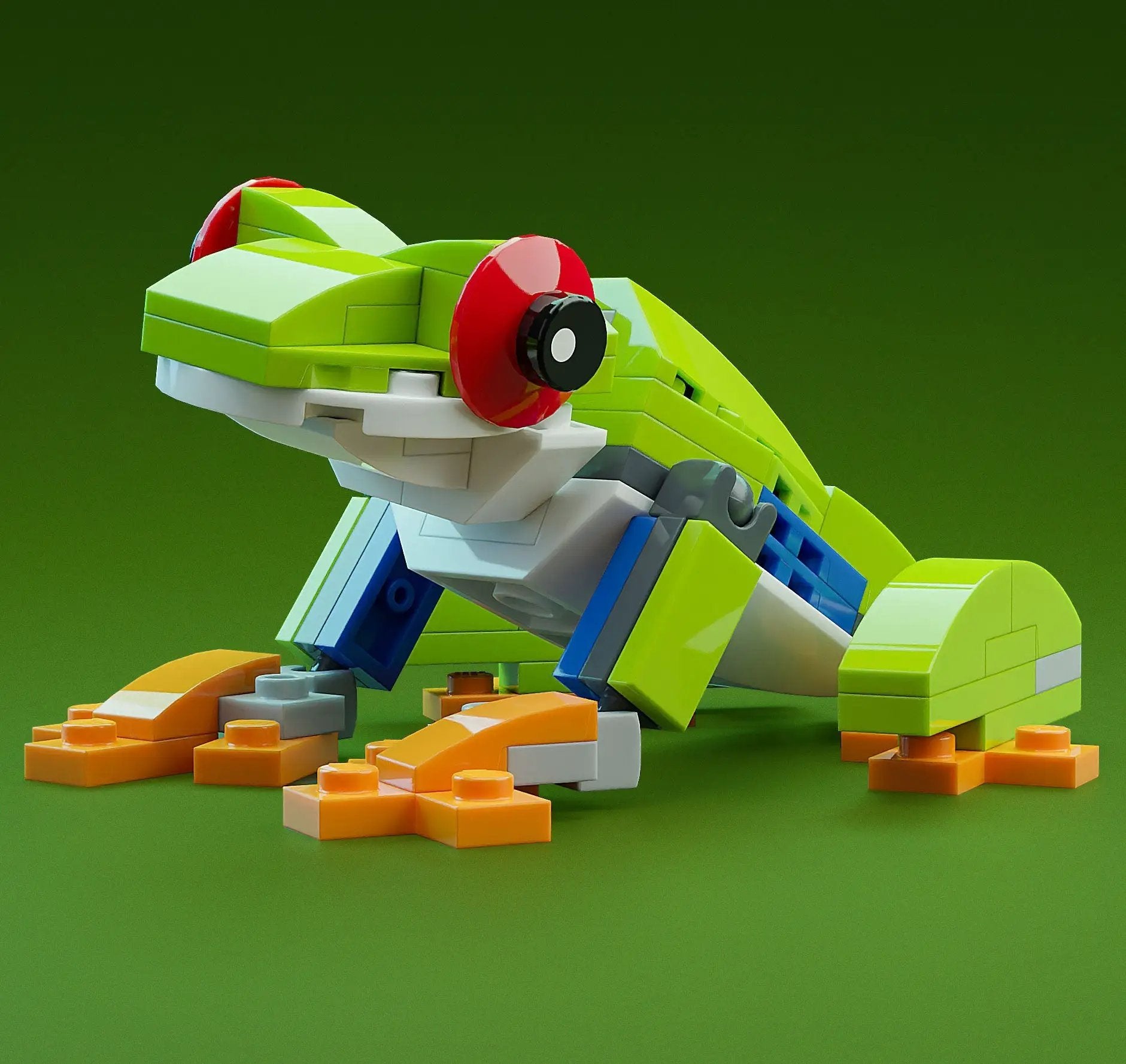 Red-eye Tree Frog custom LEGO building set by B3 Customs, featuring a detailed LEGO model with vibrant green and red eye details.