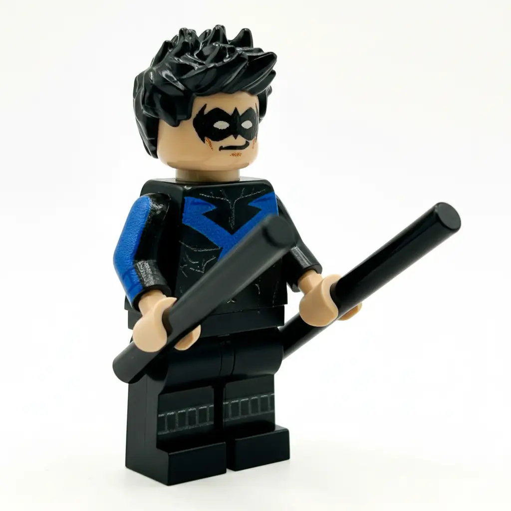 Blue Shadow Wing Super Hero Minifig by B3 Customs, featuring a custom LEGO Nightwing figure with detailed costume and accessories.