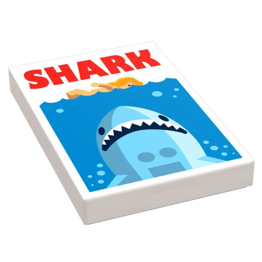 LEGO Shark Movie Cover made with B3 Customs custom LEGO tiles, featuring a Jaws-inspired design on a 2x3 tile.