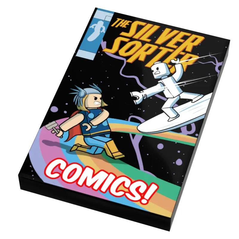 Custom Silver Surfer comic book cover Lego tile by B3 Customs, featuring detailed silver figure on a comic-themed background.