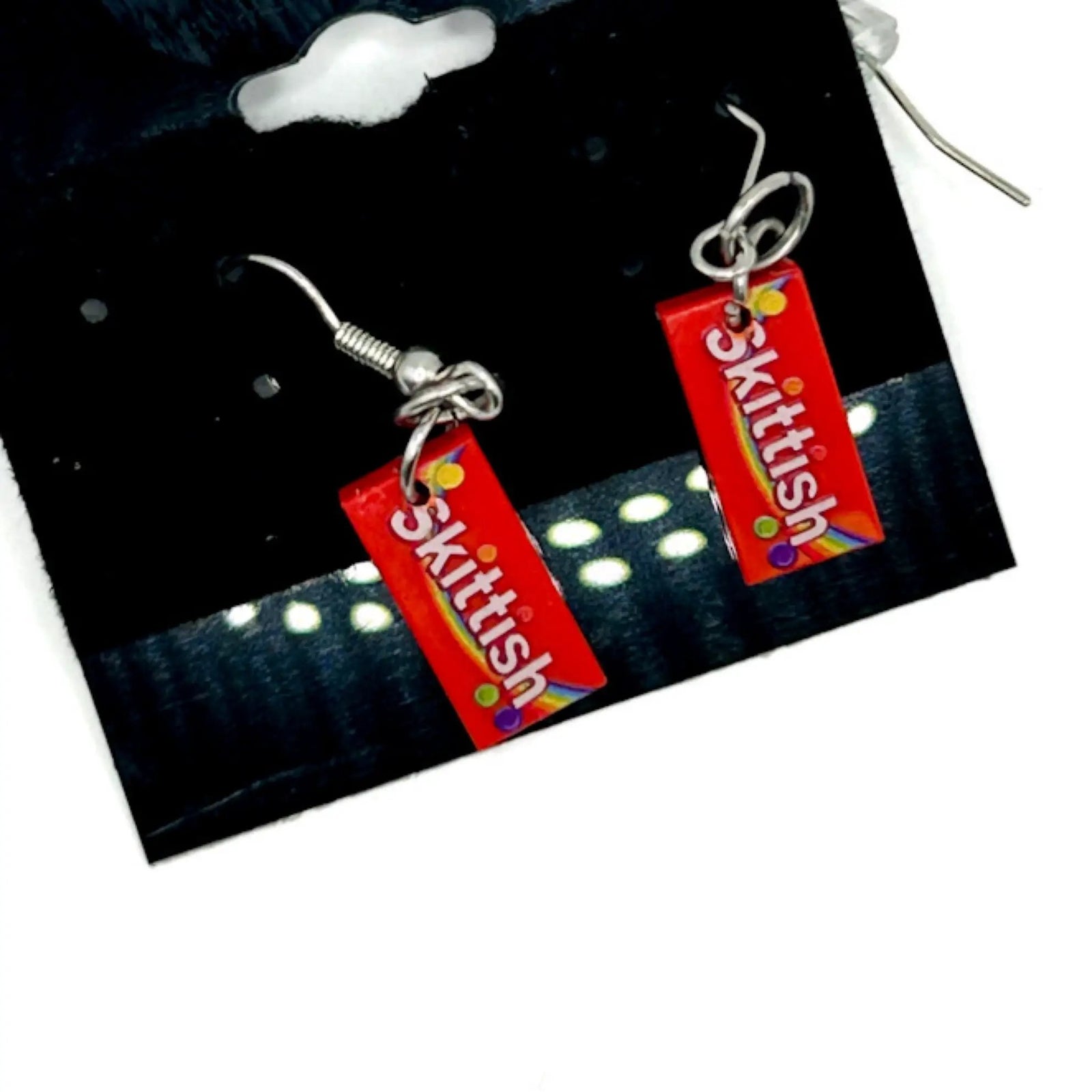 Skittish Candy earrings made from LEGO bricks by B3 Customs, featuring colorful, playful brick designs on silver hooks.