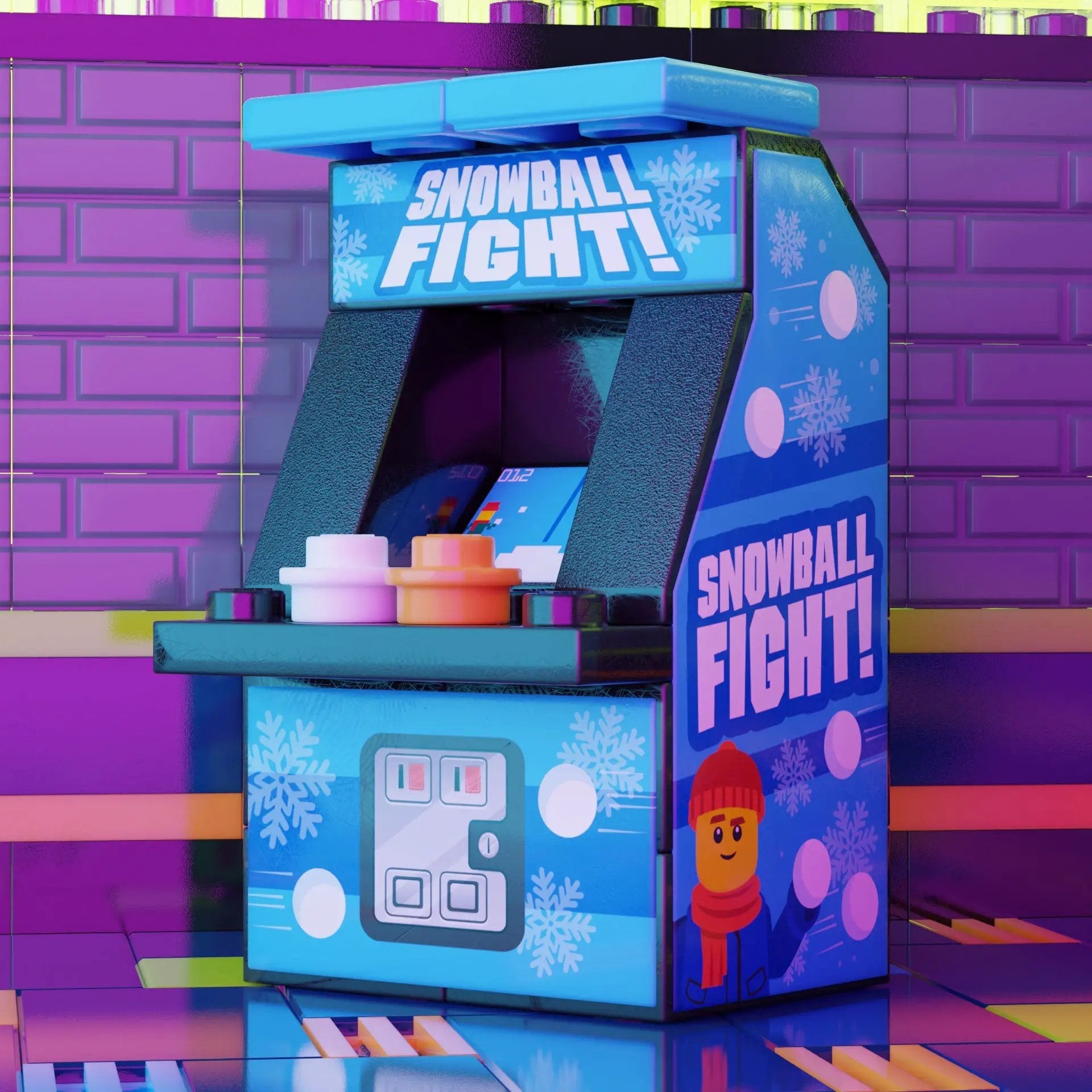 Custom LEGO Snowball Fight Classic Arcade Machine by B3 Customs, featuring colorful arcade game design with snowball-themed graphics.