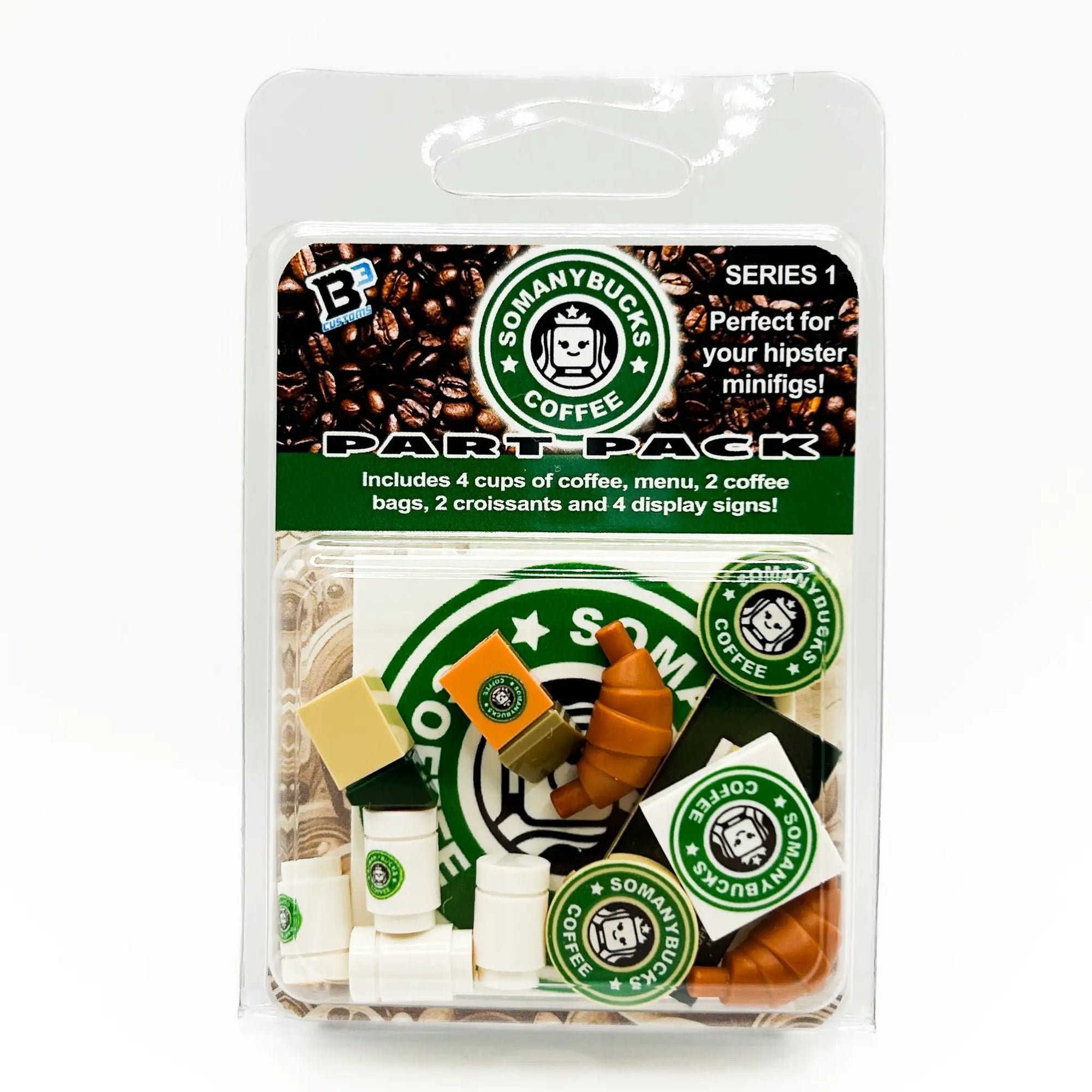 B3 Customs Somanybucks parts pack made with LEGO bricks, showing colorful assembled pieces and detailed construction components.