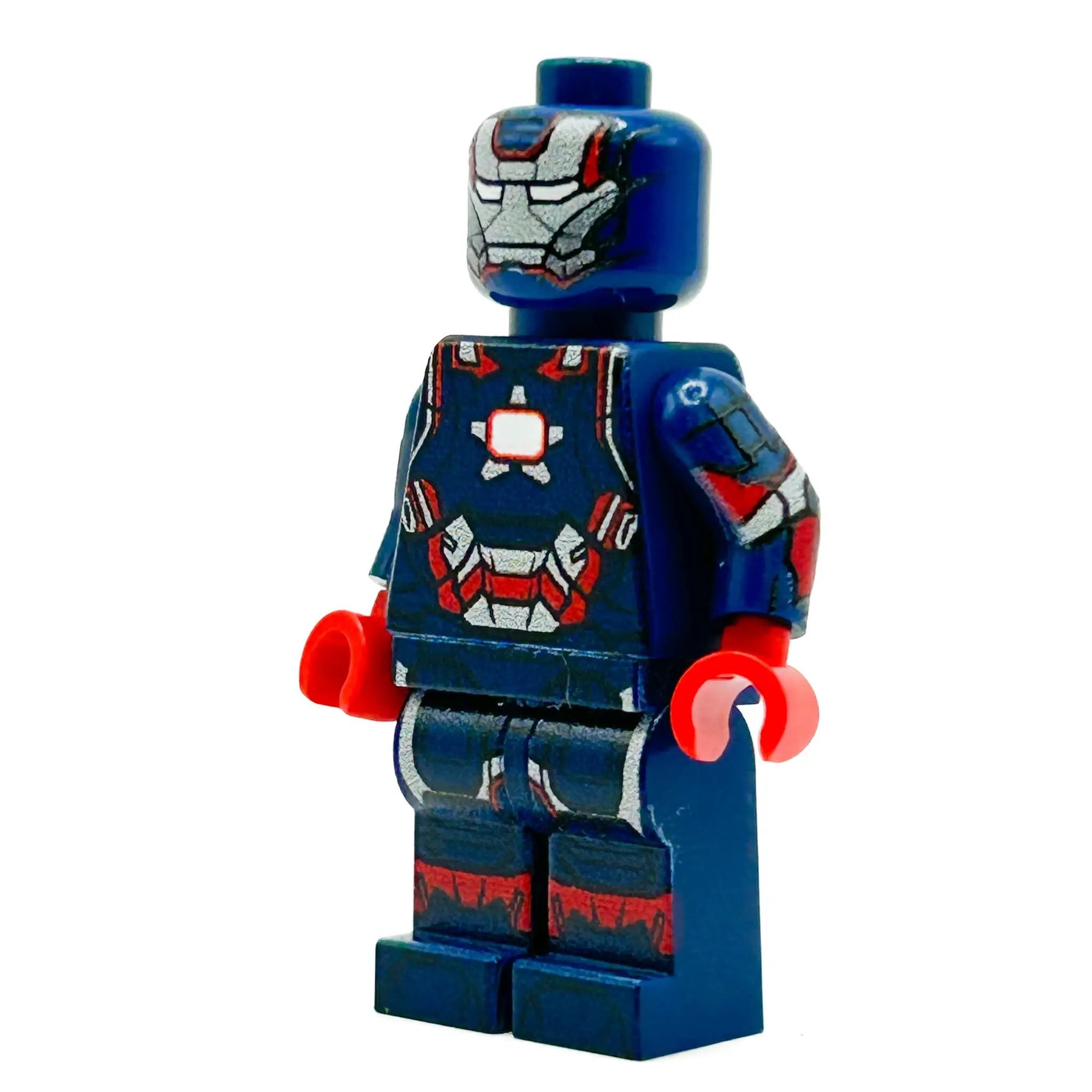 B3 Customs STAR SPANGLED ARMOR LEGO Iron Patriot minifigure with red, white, and blue patriotic armor details.