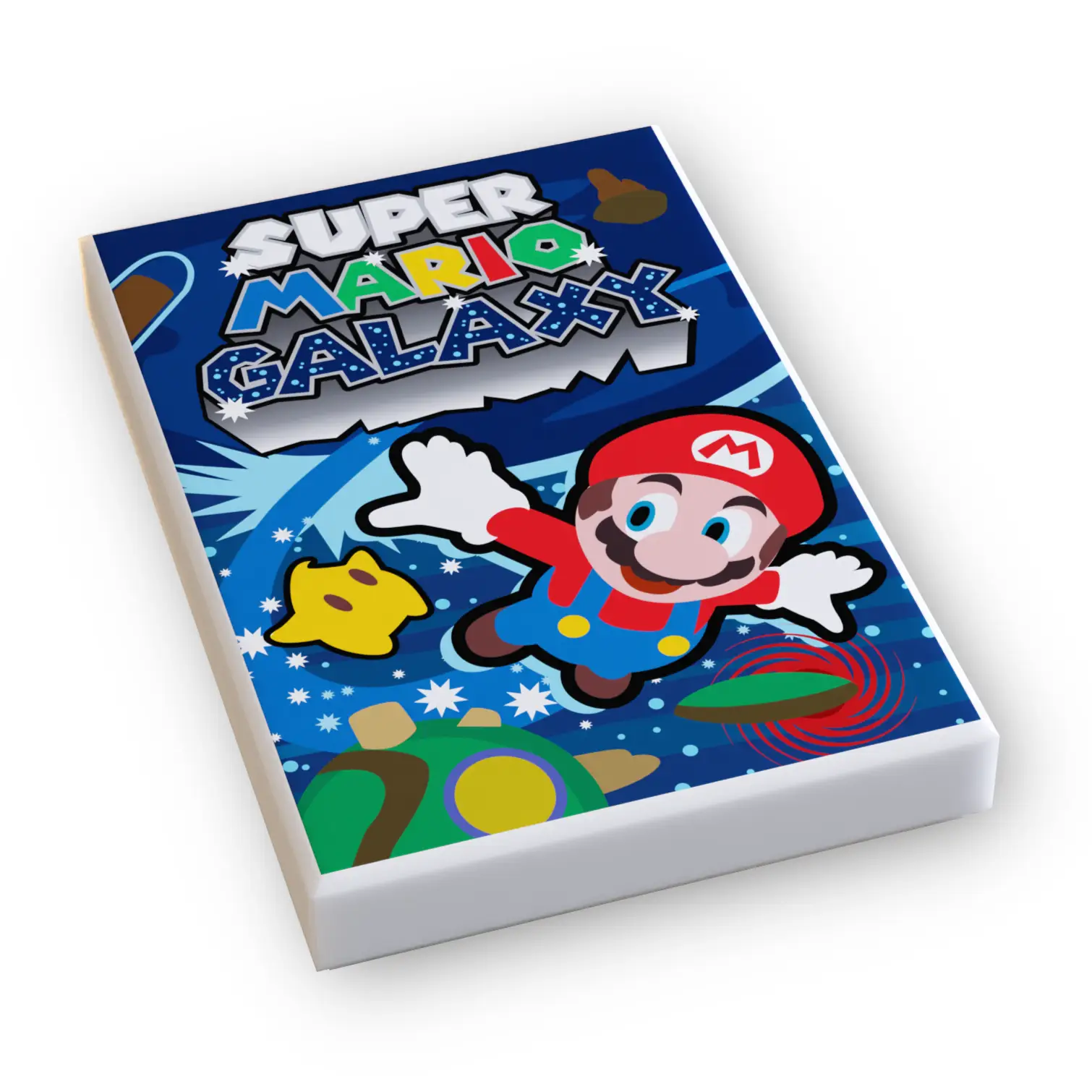 Custom LEGO Super Mario Galaxy video game cover tile by B3 Customs, featuring colorful Super Mario Galaxy design on a 2x3 LEGO tile