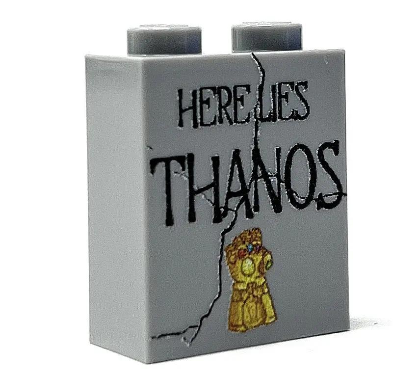 Detailed image of a B3 Customs Thanos Tombstone Halloween decoration made from 1x2x2 LEGO bricks, featuring Thanos' tombstone design.