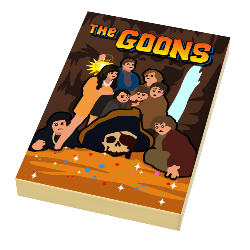 Custom LEGO Goonies movie cover tile by B3 Customs, featuring detailed artwork from the classic film.