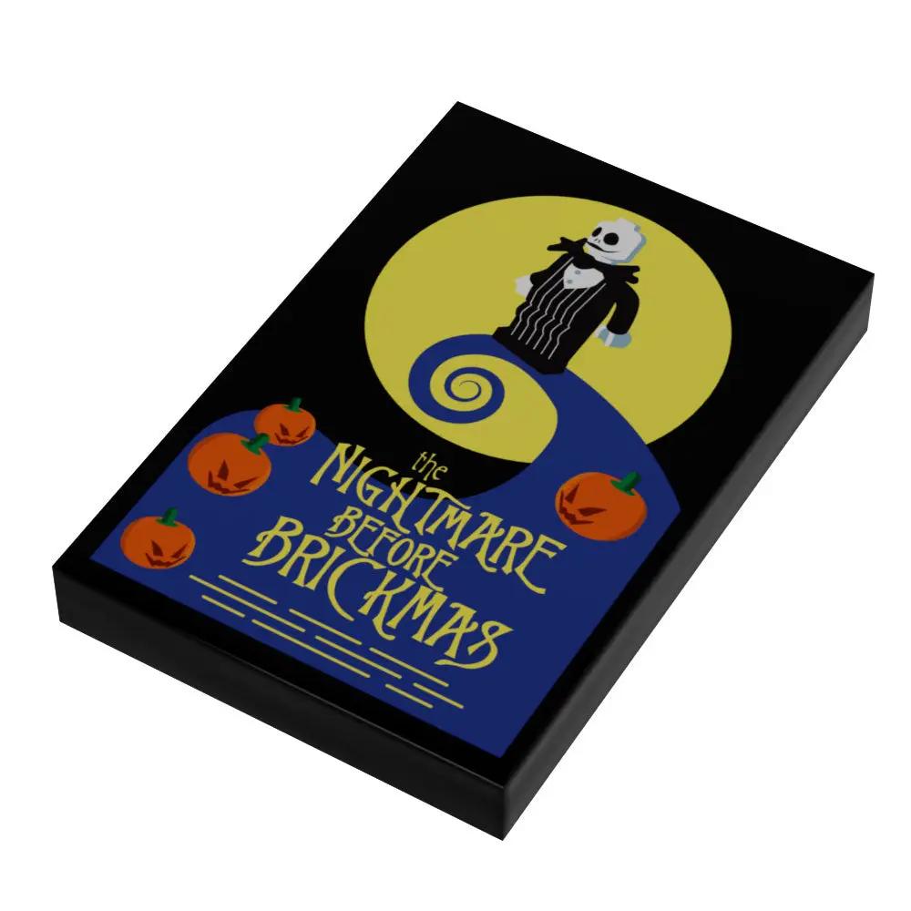 Custom LEGO The Nightmare Before Christmas movie cover tile by B3 Customs featuring Jack Skellington and Halloween Town scene.