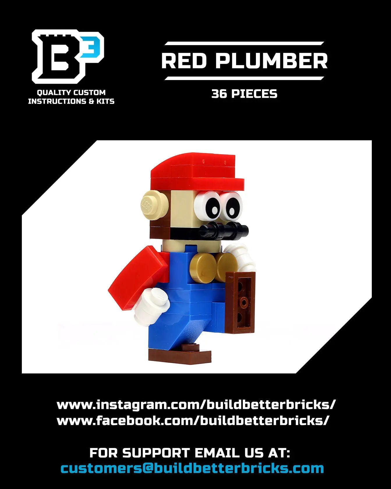 LEGO-made Red Plumber figure by B3 Customs, featuring iconic red outfit and detailed construction, inspired by classic video game character