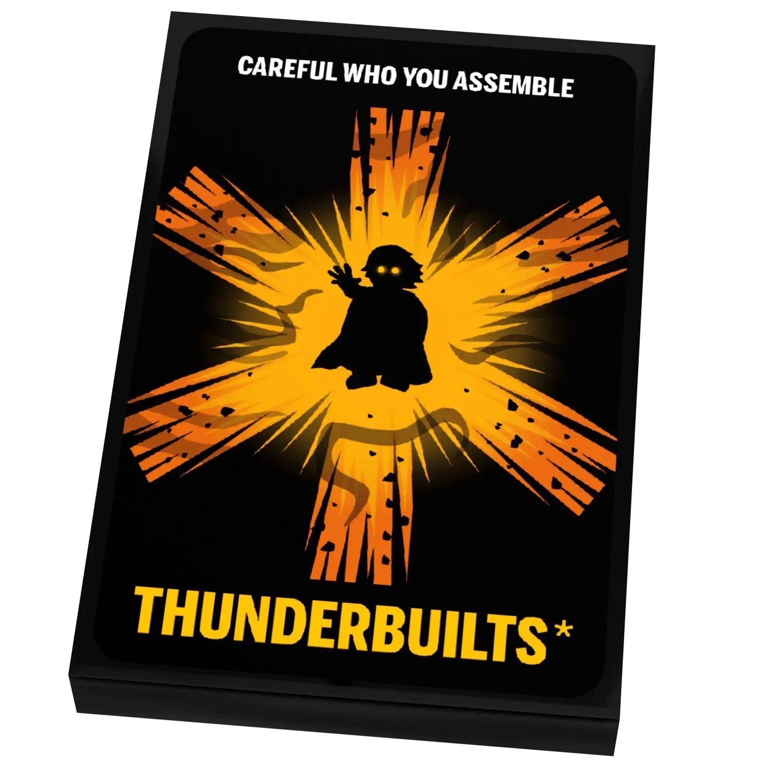 Custom LEGO Thunderbolts movie cover tile by B3 Customs, featuring vibrant design on a 2x3 tile for collectible display.