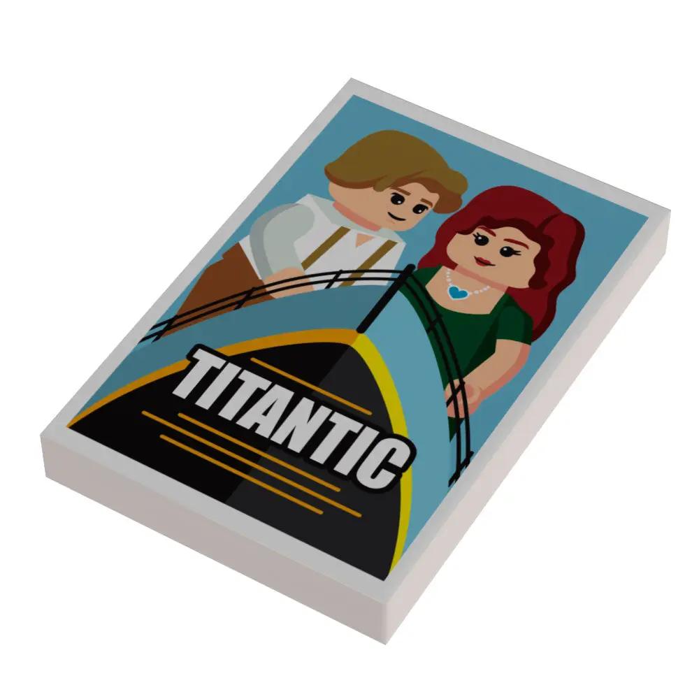Custom LEGO Titanic movie cover tile by B3 Customs featuring detailed LEGO brick artwork of the iconic ship and movie poster.