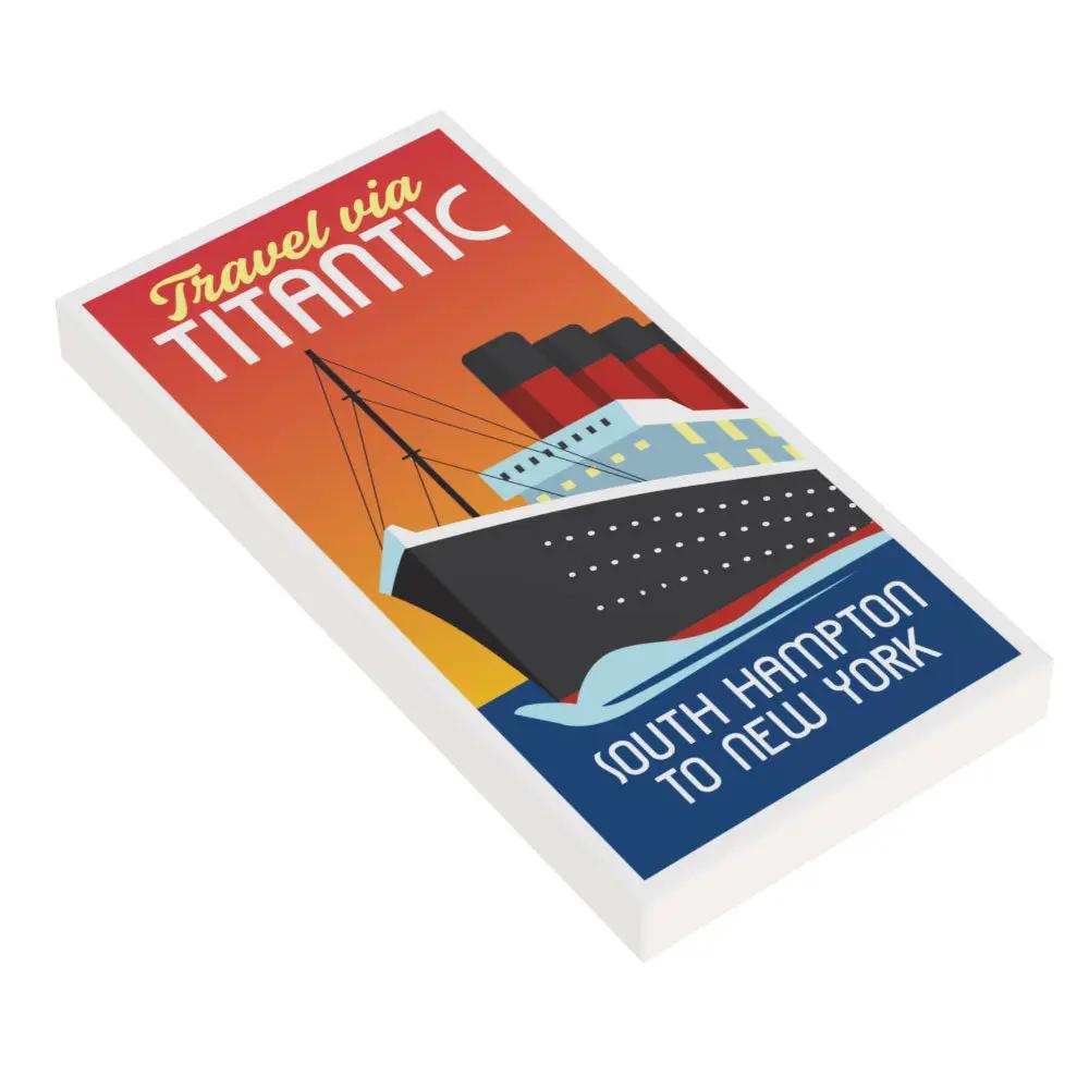 Custom Lego Titanic Travel Promo Poster, 2x4 tile design by B3 Customs, featuring vibrant Titanic cruise imagery and vintage travel theme.